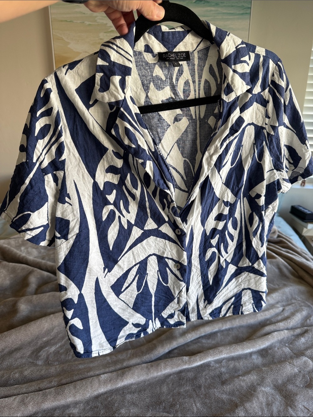 Rachel Zoe L linen blend Navy and White Abstract Short Sleeve Button-Front Top